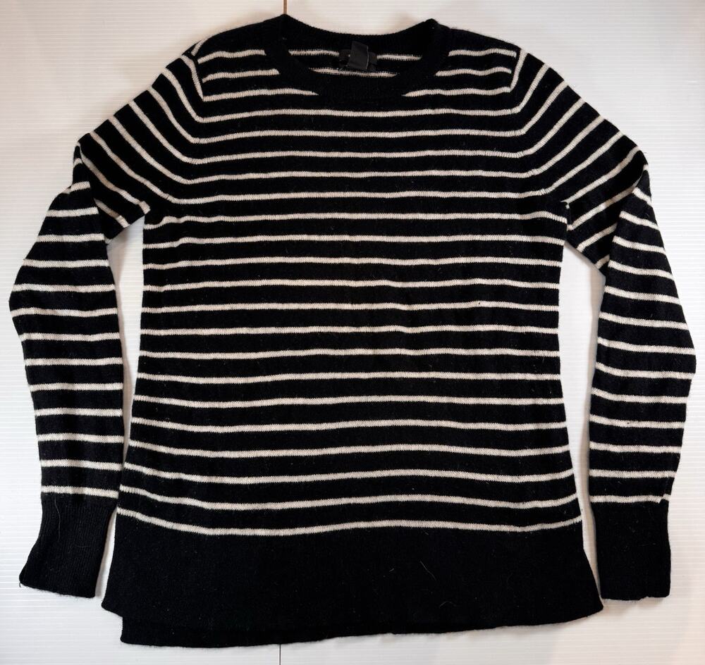Halogen Womens M 100% Cashmere Sweater Black Ivory Breton Striped Crewneck